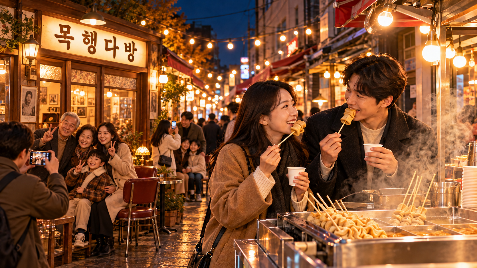 파티등이 켜진 야시장 골목에서 왼쪽 목행다방 레트로 포토존에서 기념사진을 찍는 가족들, 오른쪽 먹거리 부스 앞에서 오뎅을 먹는 연인과 뒤편 방문객들의 연출 이미지